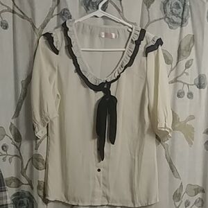Allegra K Cream Blouse with Black Tie and Ruffle Trim